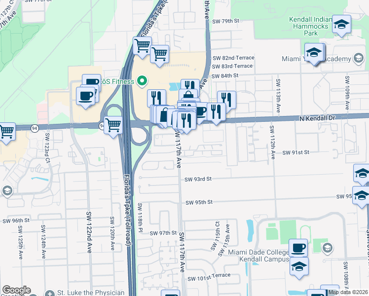 map of restaurants, bars, coffee shops, grocery stores, and more near 11617 Southwest 90th Street in Miami