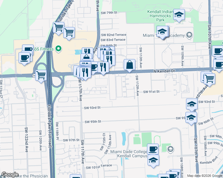 map of restaurants, bars, coffee shops, grocery stores, and more near 11513 Southwest 90th Street in Miami
