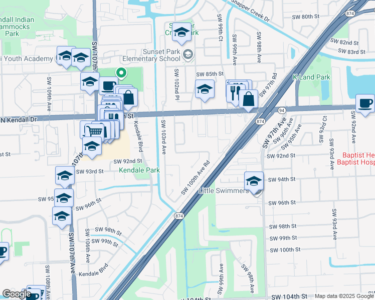 map of restaurants, bars, coffee shops, grocery stores, and more near 10205 Southwest 91st Terrace in Miami