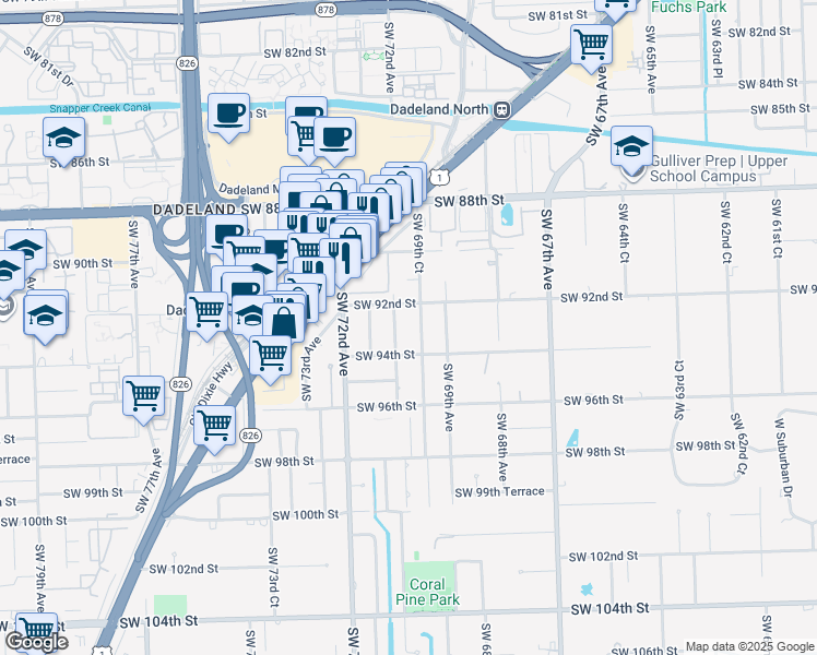 map of restaurants, bars, coffee shops, grocery stores, and more near 9250 Southwest 69th Court in Miami