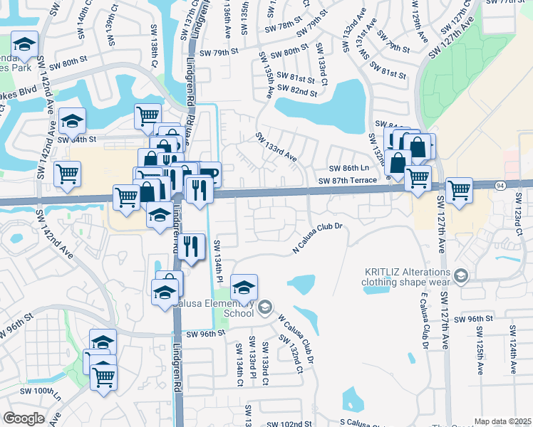 map of restaurants, bars, coffee shops, grocery stores, and more near 13340 Southwest 88th Terrace in Miami