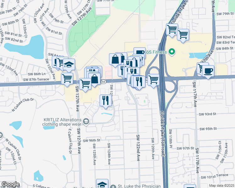 map of restaurants, bars, coffee shops, grocery stores, and more near 8911 Southwest 123rd Court in Miami