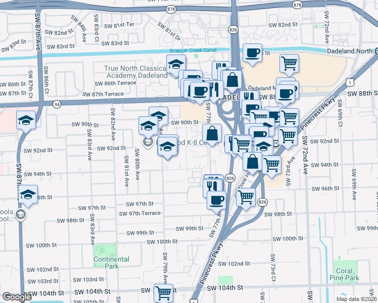 map of restaurants, bars, coffee shops, grocery stores, and more near 9304 Southwest 77th Avenue in Miami