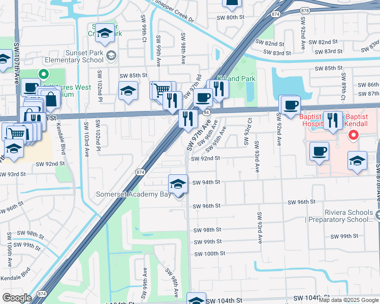 map of restaurants, bars, coffee shops, grocery stores, and more near 9022 Southwest 97th Avenue in Miami