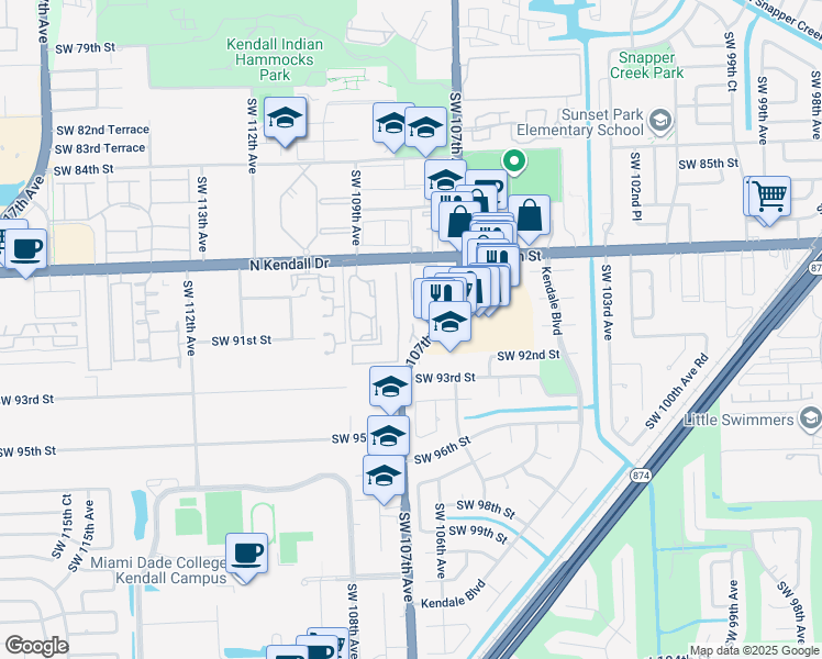 map of restaurants, bars, coffee shops, grocery stores, and more near Unnamed Road in Miami