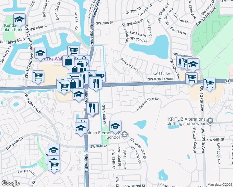 map of restaurants, bars, coffee shops, grocery stores, and more near 13371 Southwest 89th Terrace in Miami