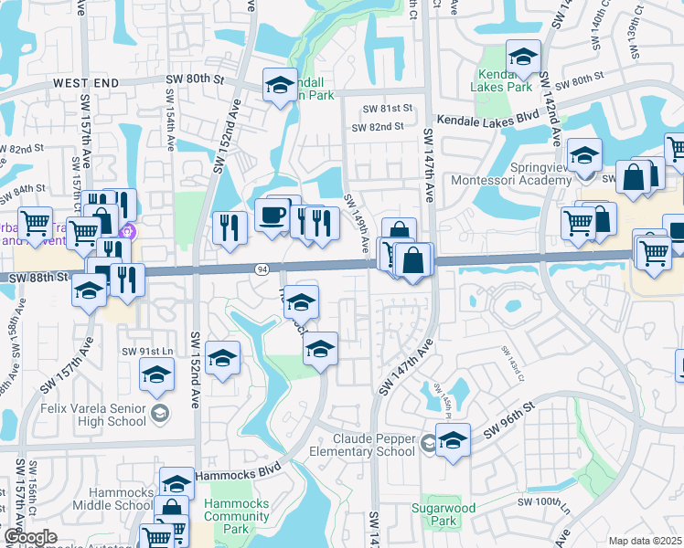 map of restaurants, bars, coffee shops, grocery stores, and more near 14955 Southwest 88th Terrace in Miami