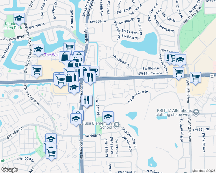 map of restaurants, bars, coffee shops, grocery stores, and more near 13371 Southwest 89th Terrace in Miami
