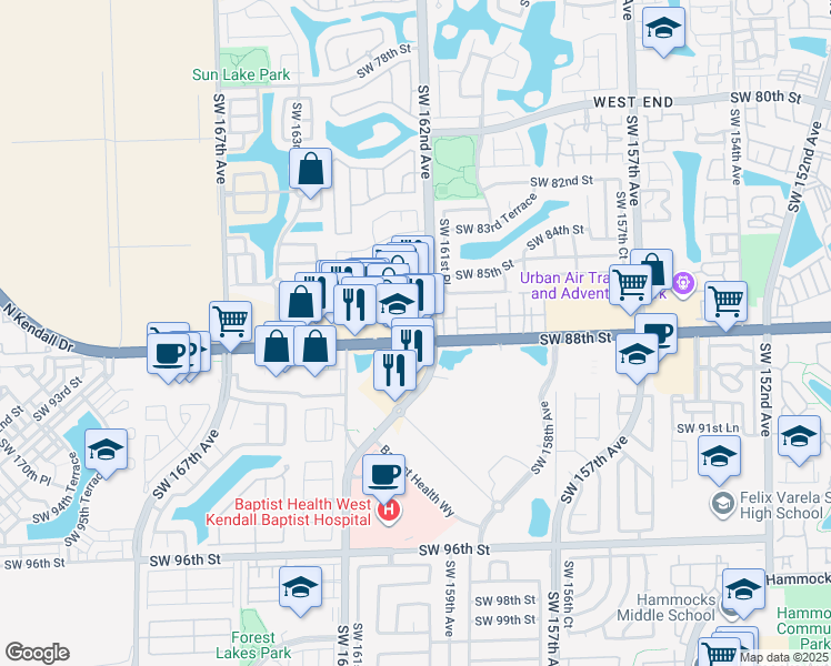 map of restaurants, bars, coffee shops, grocery stores, and more near 16203 North Kendall Drive in Miami