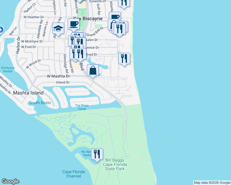 map of restaurants, bars, coffee shops, grocery stores, and more near 350 Grapetree Drive in Key Biscayne