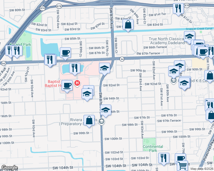 map of restaurants, bars, coffee shops, grocery stores, and more near 8536 SW 92nd Street in Kendall