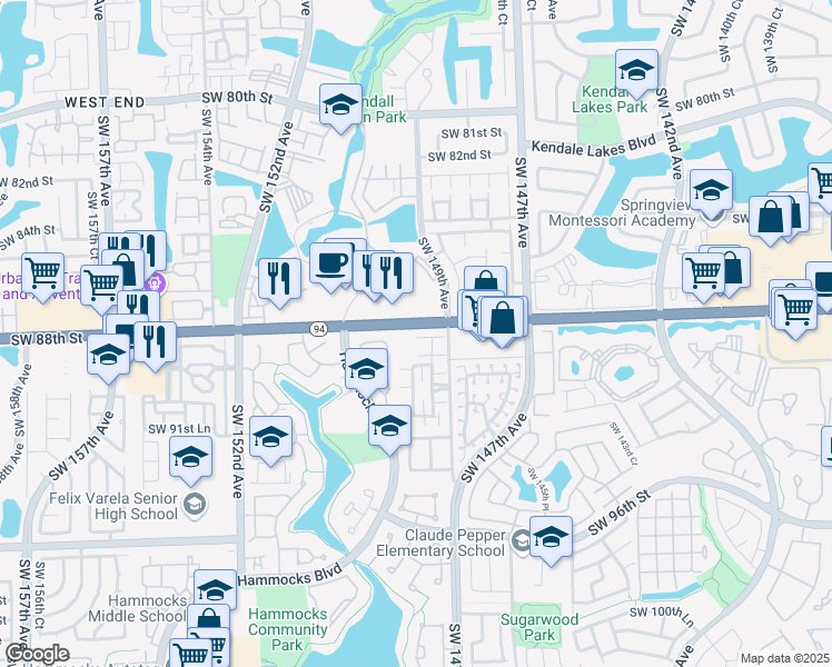 map of restaurants, bars, coffee shops, grocery stores, and more near 14955 Southwest 88th Terrace in Miami