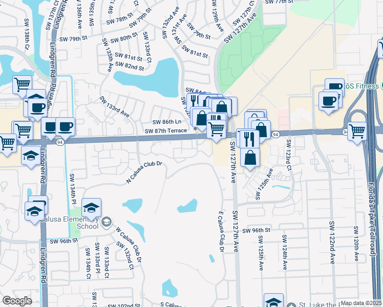 map of restaurants, bars, coffee shops, grocery stores, and more near 13023 Southwest 88th Lane in Miami