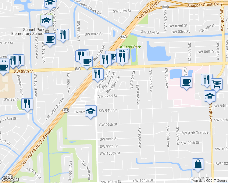 map of restaurants, bars, coffee shops, grocery stores, and more near 9480 Southwest 91st Street in Miami