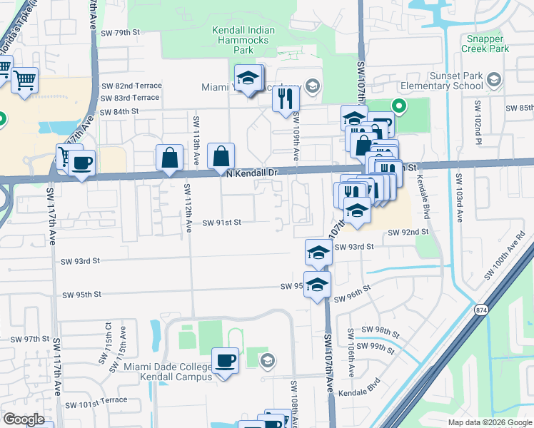 map of restaurants, bars, coffee shops, grocery stores, and more near 10875 Southwest 91st Street in Miami