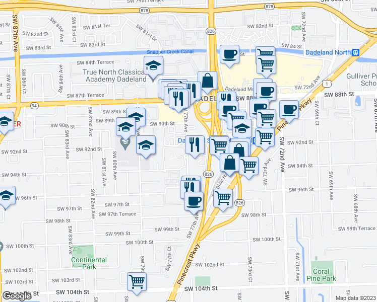 map of restaurants, bars, coffee shops, grocery stores, and more near 9315 Southwest 77th Avenue in Kendall