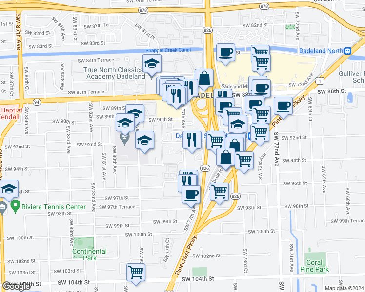 map of restaurants, bars, coffee shops, grocery stores, and more near 9315 Southwest 77th Avenue in Kendall