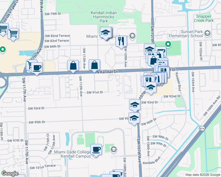 map of restaurants, bars, coffee shops, grocery stores, and more near 10875 Southwest 91st Street in Miami
