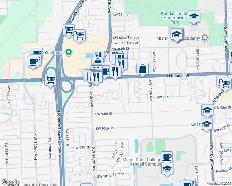 map of restaurants, bars, coffee shops, grocery stores, and more near 11513 Southwest 90th Street in Miami