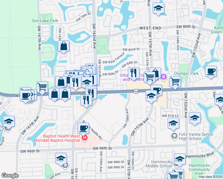map of restaurants, bars, coffee shops, grocery stores, and more near 16044 Southwest 87th Terrace in Miami