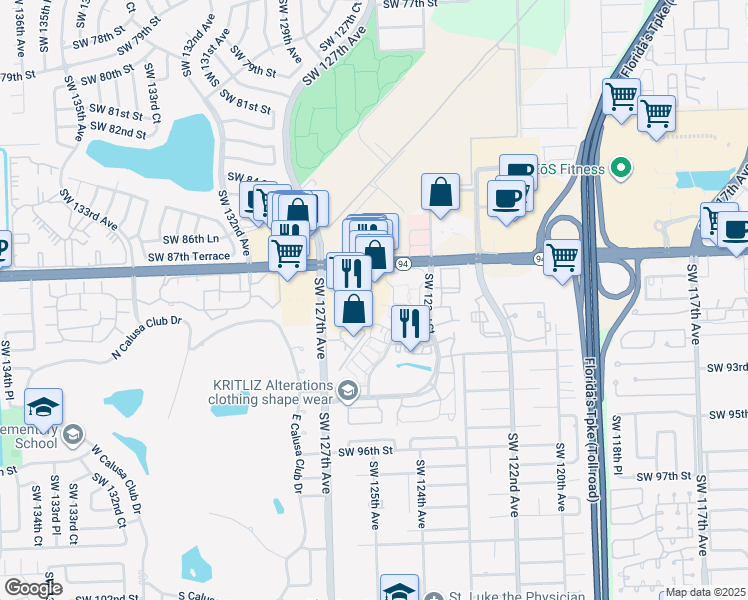 map of restaurants, bars, coffee shops, grocery stores, and more near 12554 Southwest 88th Street in Miami