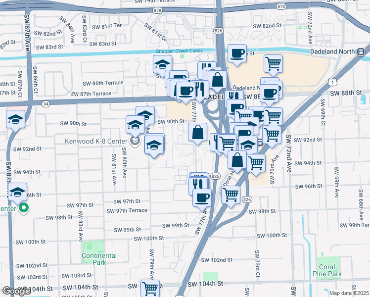 map of restaurants, bars, coffee shops, grocery stores, and more near 9304 Southwest 77th Avenue in Miami