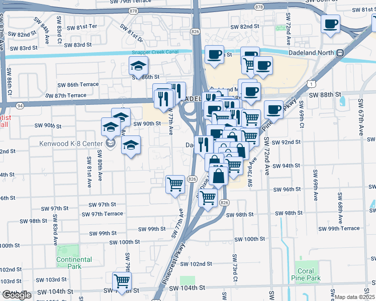 map of restaurants, bars, coffee shops, grocery stores, and more near 9305 Southwest 77th Avenue in Kendall