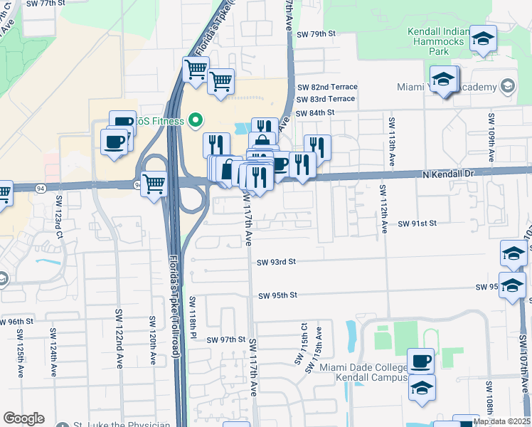 map of restaurants, bars, coffee shops, grocery stores, and more near 11617 Southwest 90th Street in Miami