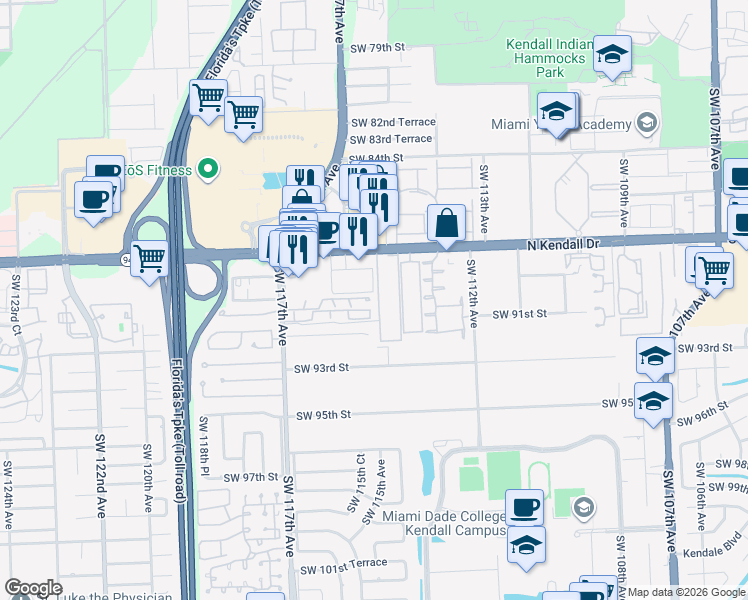 map of restaurants, bars, coffee shops, grocery stores, and more near 11513 Southwest 90th Street in Miami