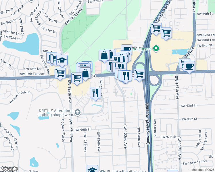map of restaurants, bars, coffee shops, grocery stores, and more near 8911 Southwest 123rd Court in Miami