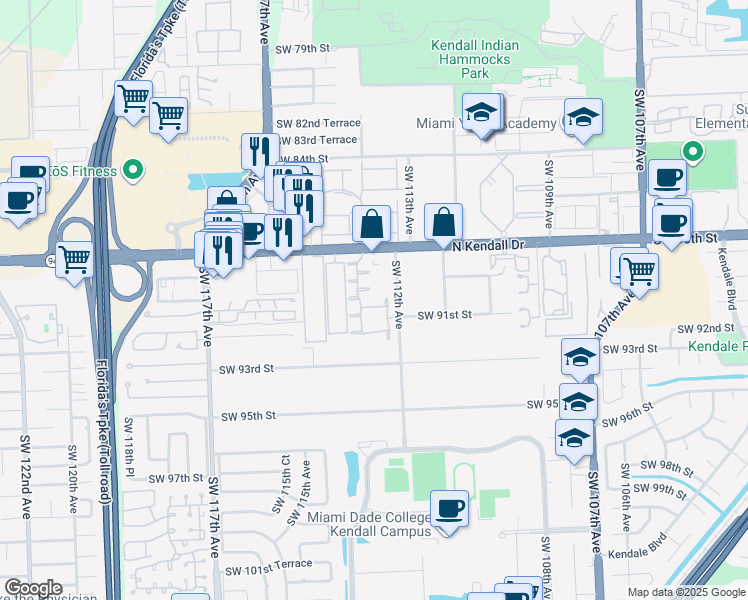 map of restaurants, bars, coffee shops, grocery stores, and more near 11259 Southwest 90th Lane in Miami