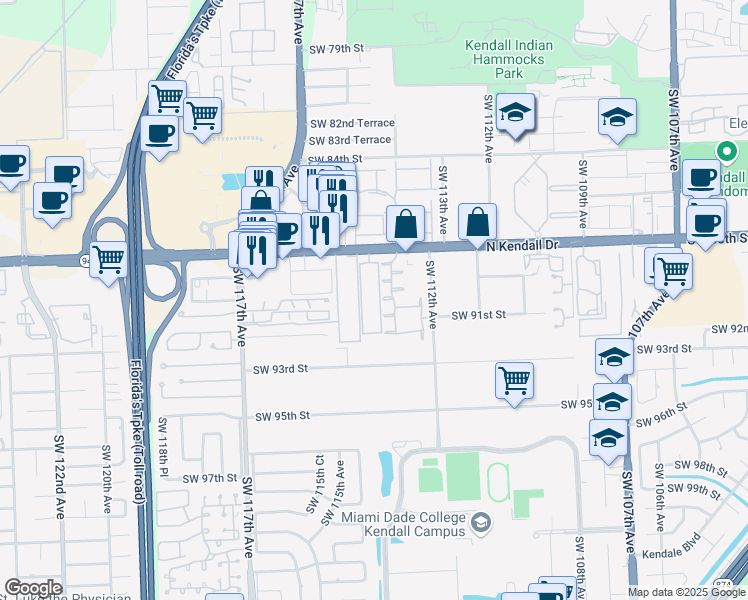 map of restaurants, bars, coffee shops, grocery stores, and more near 9024 Southwest 113th Avenue in Miami
