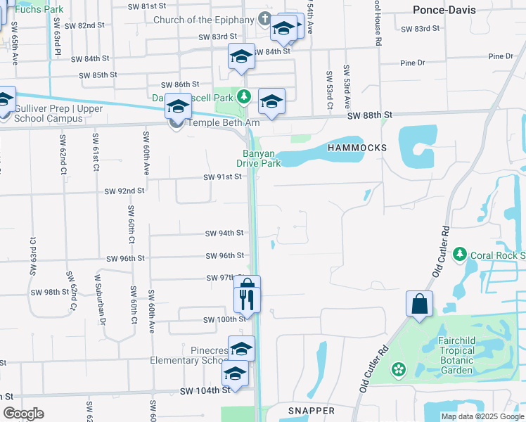 map of restaurants, bars, coffee shops, grocery stores, and more near 5600 Oakwood Lane in Coral Gables