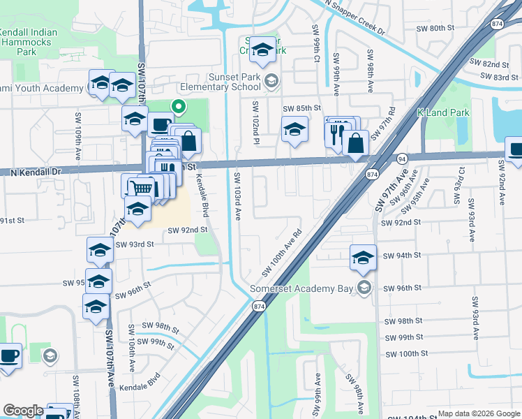 map of restaurants, bars, coffee shops, grocery stores, and more near 10205 Southwest 91st Terrace in Miami