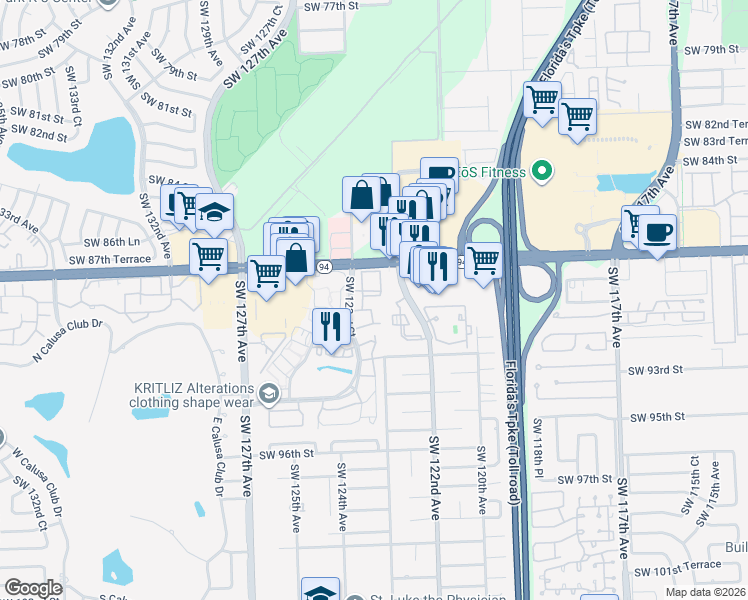 map of restaurants, bars, coffee shops, grocery stores, and more near 8911 Southwest 123rd Court in Miami