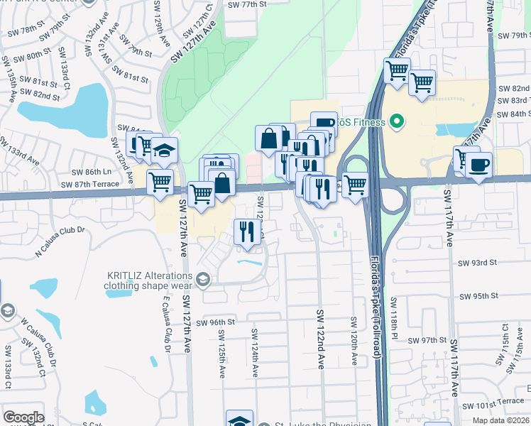 map of restaurants, bars, coffee shops, grocery stores, and more near 8911 Southwest 123rd Court in Miami