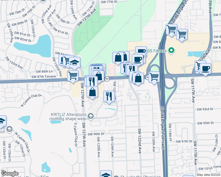 map of restaurants, bars, coffee shops, grocery stores, and more near 8830 Southwest 123rd Court in Miami