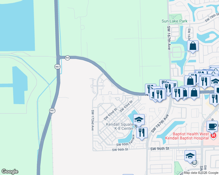 map of restaurants, bars, coffee shops, grocery stores, and more near 8933 Southwest 172nd Avenue in Miami