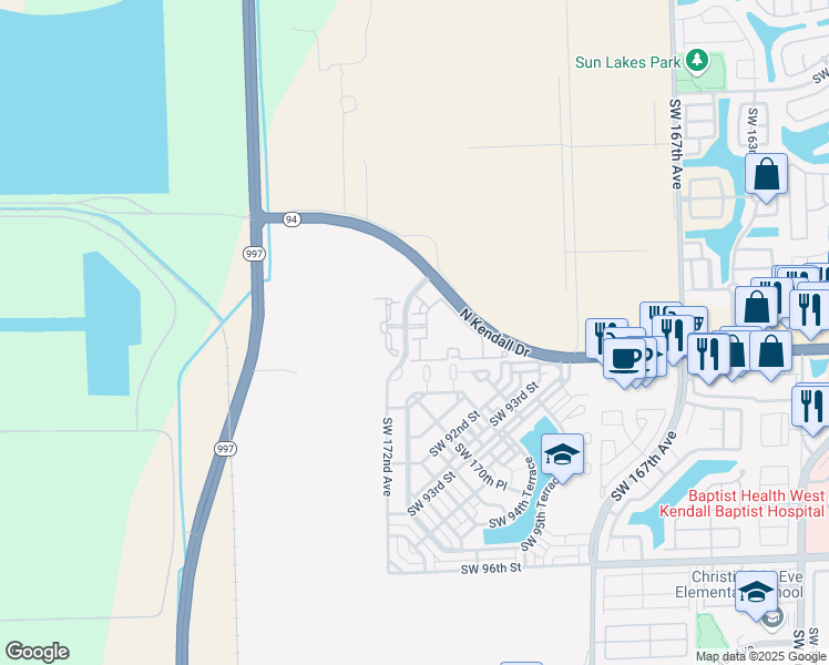 map of restaurants, bars, coffee shops, grocery stores, and more near 8869 Southwest 172nd Avenue in Miami