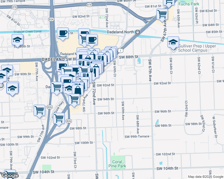map of restaurants, bars, coffee shops, grocery stores, and more near 9250 Southwest 69th Court in Miami
