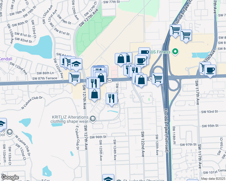 map of restaurants, bars, coffee shops, grocery stores, and more near 8830 Southwest 123rd Court in Miami