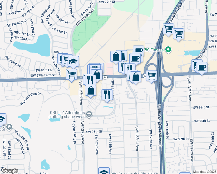 map of restaurants, bars, coffee shops, grocery stores, and more near 8830 Southwest 123rd Court in Miami