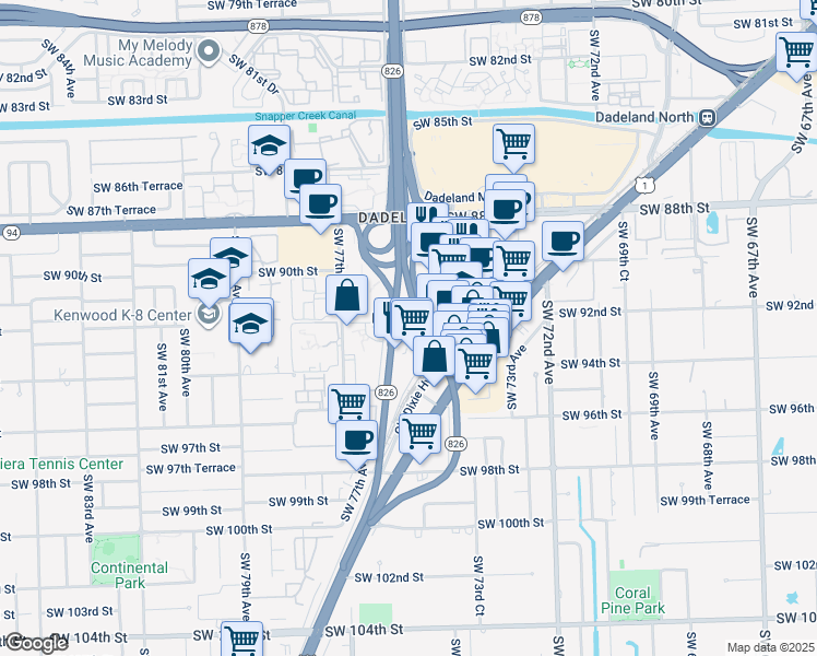 map of restaurants, bars, coffee shops, grocery stores, and more near 9200 South Dadeland Boulevard in Miami
