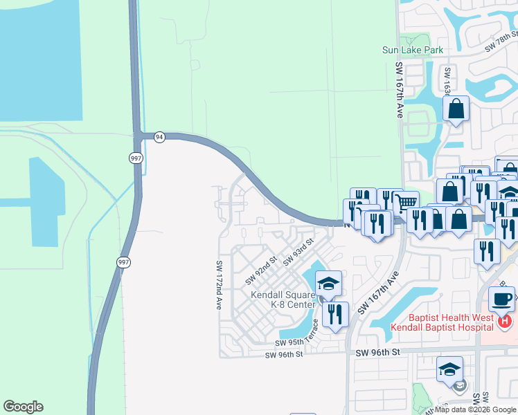 map of restaurants, bars, coffee shops, grocery stores, and more near 8933 Southwest 172nd Avenue in Miami