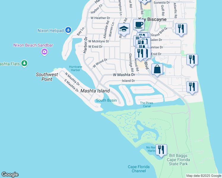 map of restaurants, bars, coffee shops, grocery stores, and more near 881 Harbor Drive in Key Biscayne