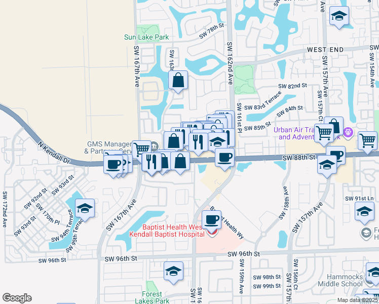 map of restaurants, bars, coffee shops, grocery stores, and more near 16371 Southwest 88th Street in Miami