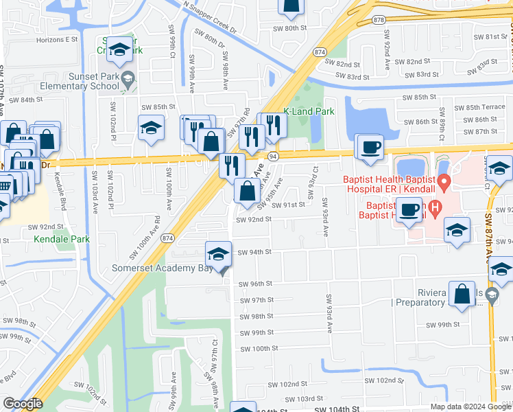 map of restaurants, bars, coffee shops, grocery stores, and more near 9152 Southwest 95th Avenue in Miami