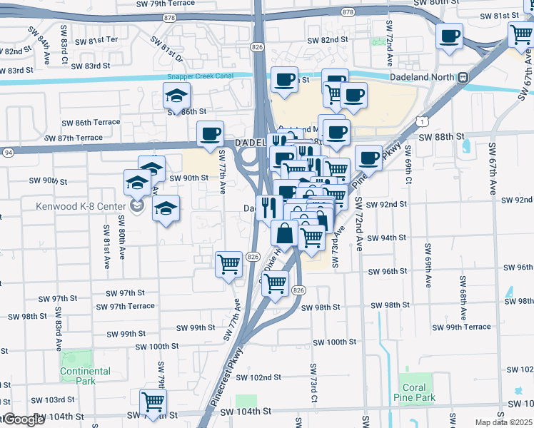 map of restaurants, bars, coffee shops, grocery stores, and more near 9200 South Dadeland Boulevard in Miami