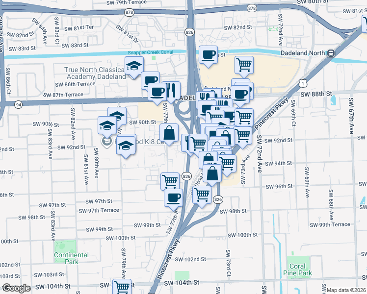 map of restaurants, bars, coffee shops, grocery stores, and more near 9159 Southwest 77th Avenue in Miami