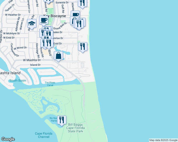 map of restaurants, bars, coffee shops, grocery stores, and more near 600 Grapetree Drive in Key Biscayne